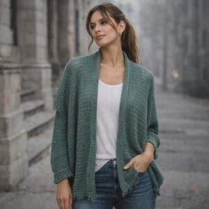 Margaret O'Leary SZ S 100% Cotton Green Open Knit Cardigan With Fringe